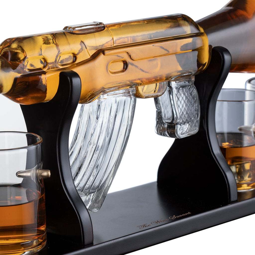 Gun Large Decanter Set Bullet Glasses - Limited Edition Elegant Rifle Gun Whiskey Decanter 22.5" 1000ml With 4 Bullet Whiskey Glasses and Mohogany Wooden Base By The Wine Savant