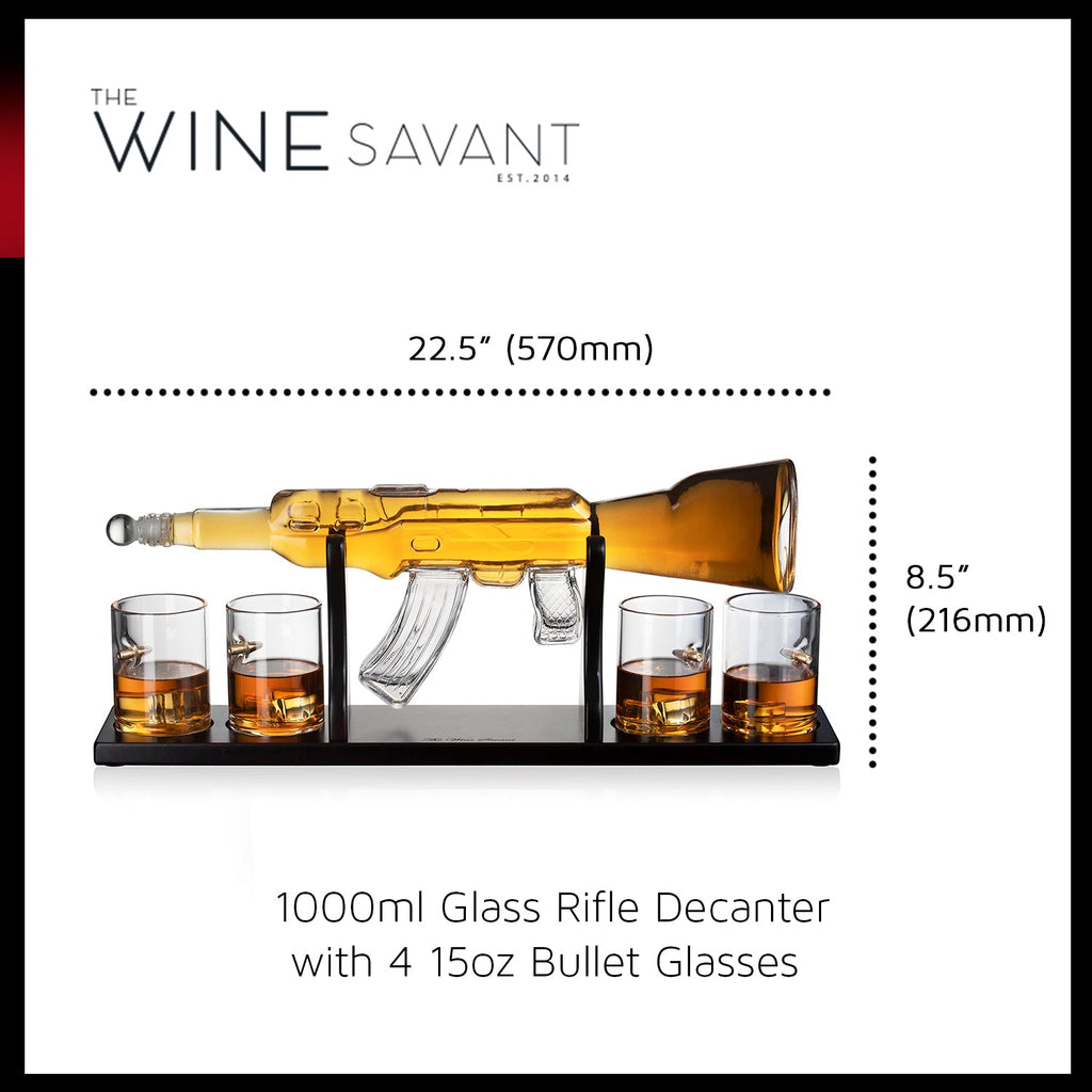 Gun Large Decanter Set Bullet Glasses - Limited Edition Elegant Rifle Gun Whiskey Decanter 22.5" 1000ml With 4 Bullet Whiskey Glasses and Mohogany Wooden Base By The Wine Savant