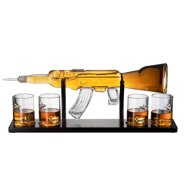 Gun Large Decanter Set Bullet Glasses - Limited Edition Elegant Rifle Gun Whiskey Decanter 22.5" 1000ml With 4 Bullet Whiskey Glasses and Mohogany Wooden Base By The Wine Savant