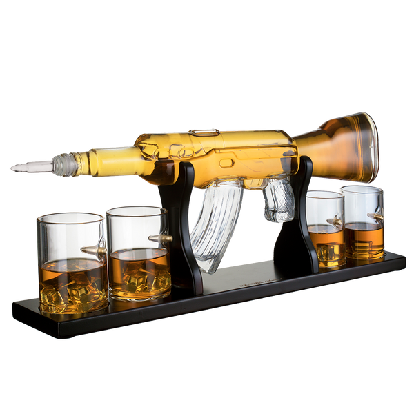 Gun Large Decanter Set Bullet Glasses - Limited Edition Elegant Rifle Gun Whiskey Decanter 22.5" 1000ml With 4 Bullet Whiskey Glasses and Mohogany Wooden Base By The Wine Savant