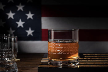 2nd Amendment American Flag Whiskey Glasses, Set of 4 Hand Blown Old Fashioned Whiskey Rocks Glasses, Wood Flag Tray with Patriots Gun Rights Law & Military Gift Set