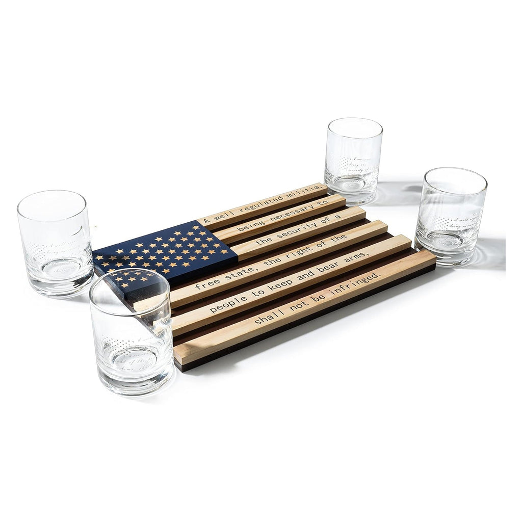 2nd Amendment American Flag Whiskey Glasses, Set of 4 Hand Blown Old Fashioned Whiskey Rocks Glasses, Wood Flag Tray with Patriots Gun Rights Law & Military Gift Set