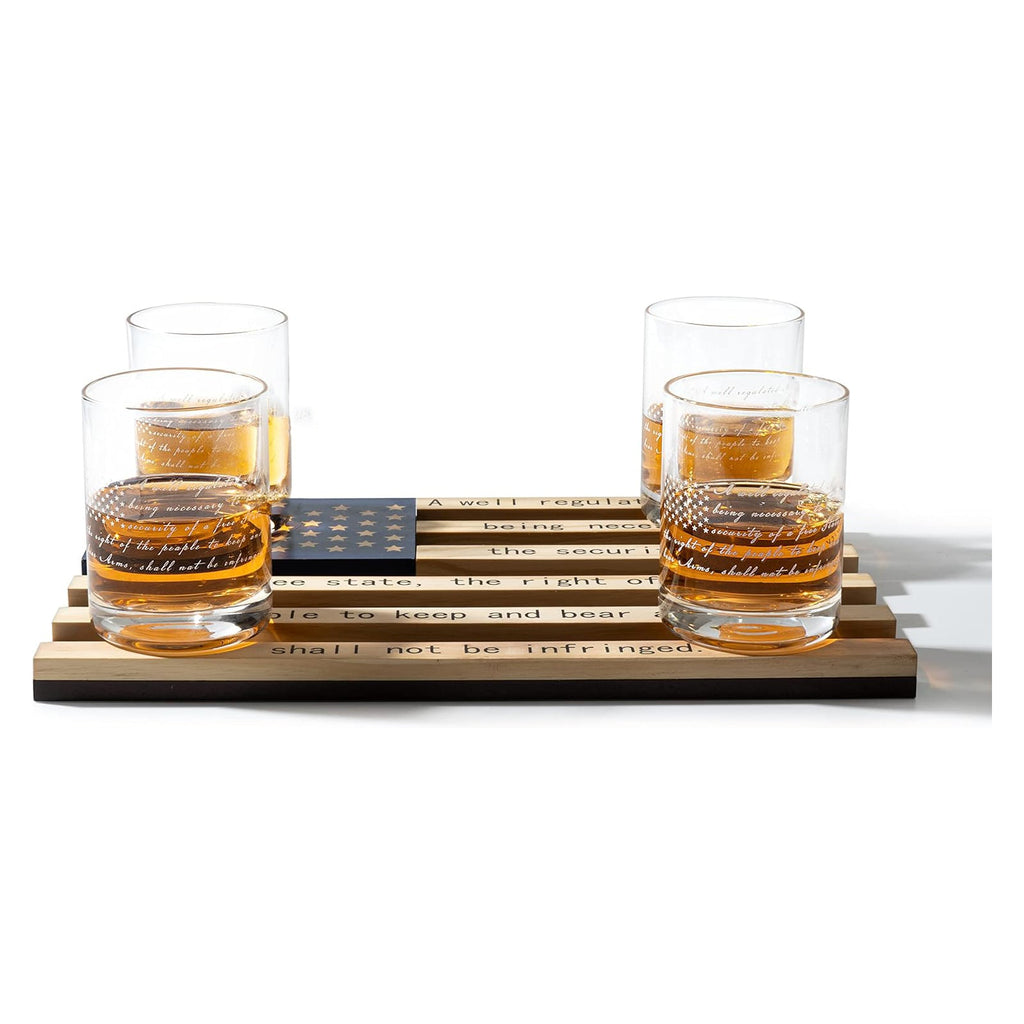 2nd Amendment American Flag Whiskey Glasses, Set of 4 Hand Blown Old Fashioned Whiskey Rocks Glasses, Wood Flag Tray with Patriots Gun Rights Law & Military Gift Set