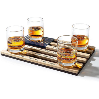 2nd Amendment American Flag Whiskey Glasses, Set of 4 Hand Blown Old Fashioned Whiskey Rocks Glasses, Wood Flag Tray with Patriots Gun Rights Law & Military Gift Set