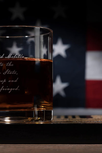 2nd Amendment American Flag Whiskey Glasses, Set of 4 Hand Blown Old Fashioned Whiskey Rocks Glasses, Wood Flag Tray with Patriots Gun Rights Law & Military Gift Set