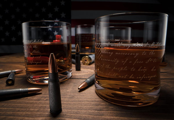 2nd Amendment American Flag Whiskey Glasses, Set of 4 Hand Blown Old Fashioned Whiskey Rocks Glasses, Wood Flag Tray with Patriots Gun Rights Law & Military Gift Set