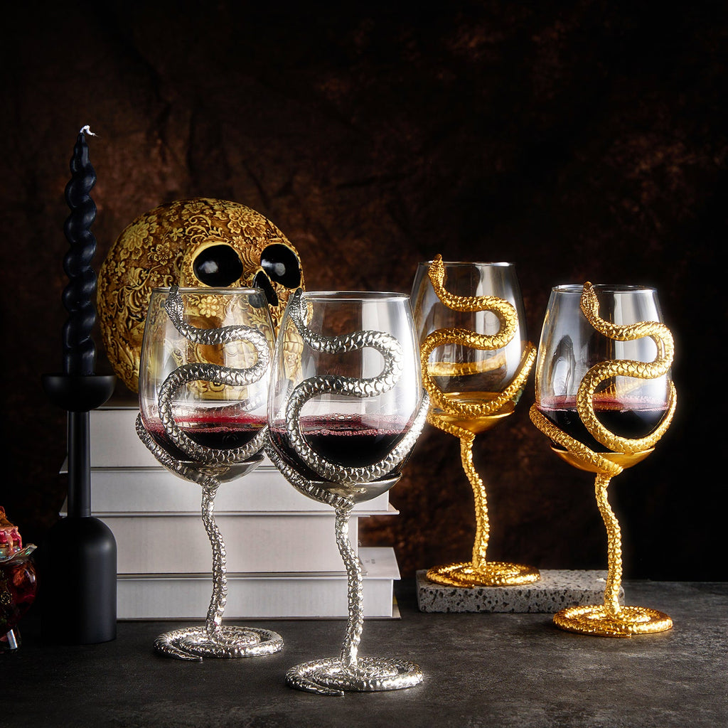 Stemmed Snake Wine Glass | Set of 2 | 19oz Spooky Reptile Glasses 10" H, Goth Gifts, Skeleton Gifts, Skeleton Decor, Spooky Wine Gift Set, Perfect for Themed Parties (Silver)