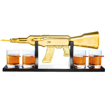 AK Gold Whiskey Decanter Set With 4 Bullet Whiskey Glasses - The Wine Savant, Gift For Fathers, Uncles, Sons - Veteran Gifts, Military Gift, Home Bar Gift, Father's Day by The Wine Savant