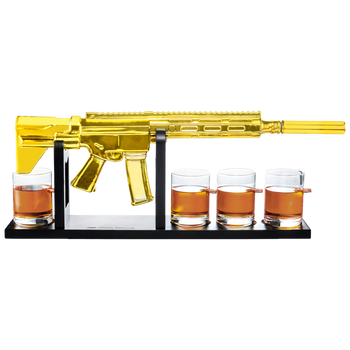 AR15 Gold Whiskey Decanter Set with 4 Bullet Whiskey Glasses - The Wine Savant, Gift for Fathers, Uncles, Sons - Veteran Gifts, Military Gift, Home Bar Gift, Father's Day