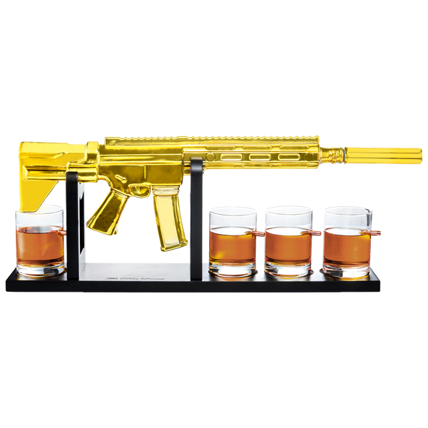 AR15 Gold Whiskey Decanter Set with 4 Bullet Whiskey Glasses - The Wine Savant, Gift for Fathers, Uncles, Sons - Veteran Gifts, Military Gift, Home Bar Gift, Father's Day