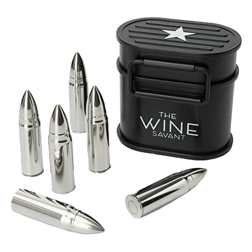 Whiskey Stones Ammunition Box Bullets Stainless Steel - Set of 6 1.75in Bullet Chillers, The Wine Savant Stainless Steel Whiskey Rocks Bullet Shaped Ice Chillers, Beautiful Case to Take to Go! (Black)