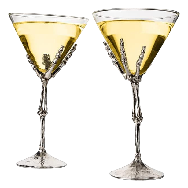 The Wine Savant Stemmed Skeleton Martini Glasses Set of 2 Skeleton Hand Glasses 9" H, Goth Gifts, Skeleton Gifts Decor, Spooky Cocktails, Water or Martini Gift Set, Wine Skeletons Glasses