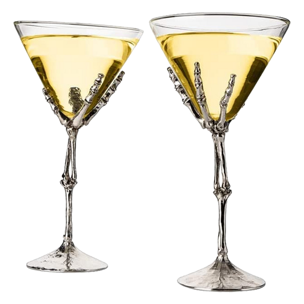 The Wine Savant Stemmed Skeleton Martini Glasses Set of 2 Skeleton Hand Glasses 9" H, Goth Gifts, Skeleton Gifts Decor, Spooky Cocktails, Water or Martini Gift Set, Wine Skeletons Glasses