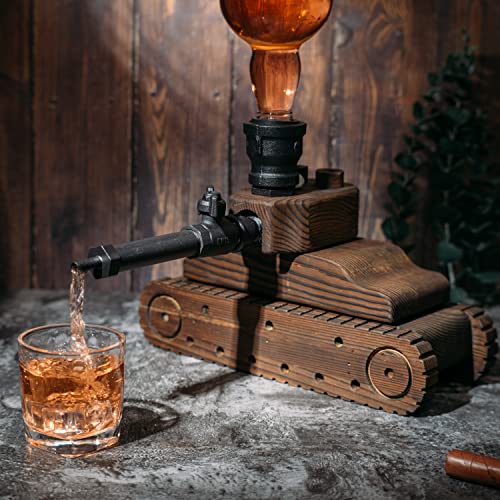 Tank Handcrafted Liquor Dispenser - The Wine Savant - Industrial Pipe Mahogany Wood Whiskey Decanter - Bar Accessories For Home Gifts for Him, Veteran's Day, Military Appreciation, Home Bar Gift