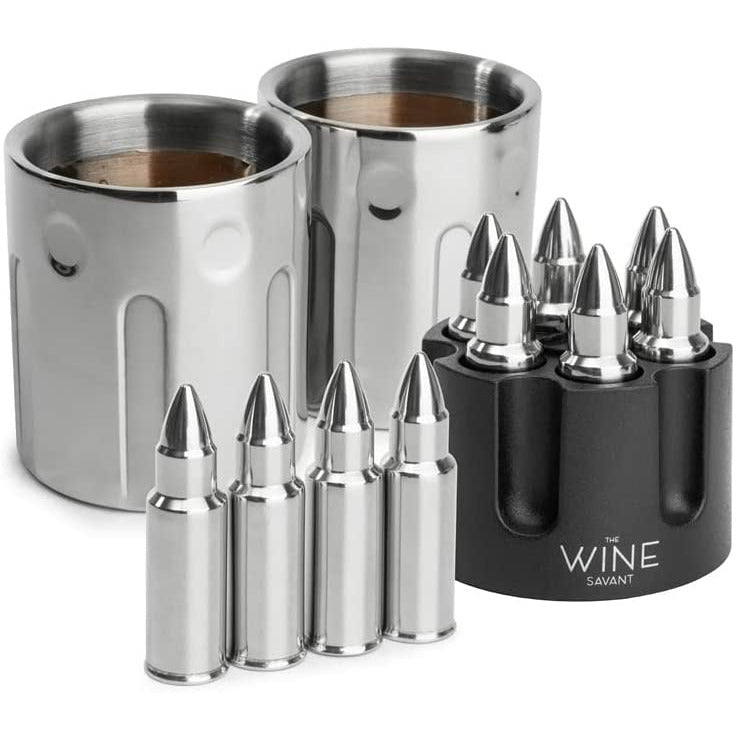 2 Metal Ice Cups & Bullet Chillers by The Wine Savant - Whiskey Stones Bullets Stainless Steel with Revolver Case, 1.75in Bullet Chillers Set of 6, Whiskey Gift Sets, Military Gifts, Veteran Gifts