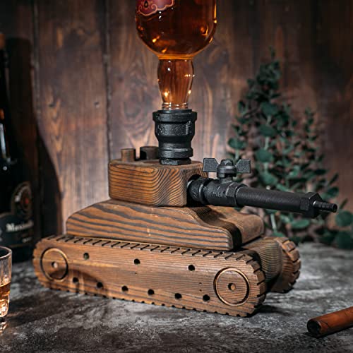 Tank Handcrafted Liquor Dispenser - The Wine Savant - Industrial Pipe Mahogany Wood Whiskey Decanter - Bar Accessories For Home Gifts for Him, Veteran's Day, Military Appreciation, Home Bar Gift