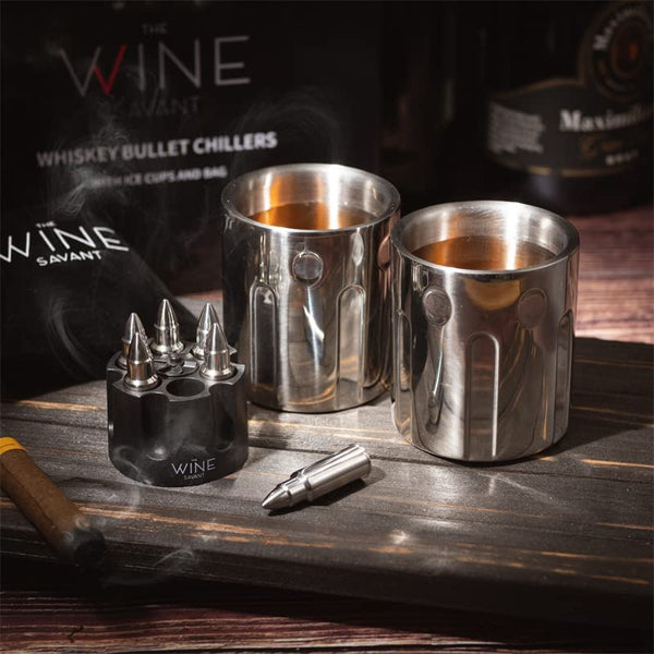 2 Metal Ice Cups & Bullet Chillers by The Wine Savant - Whiskey Stones Bullets Stainless Steel with Revolver Case, 1.75in Bullet Chillers Set of 6, Whiskey Gift Sets, Military Gifts, Veteran Gifts