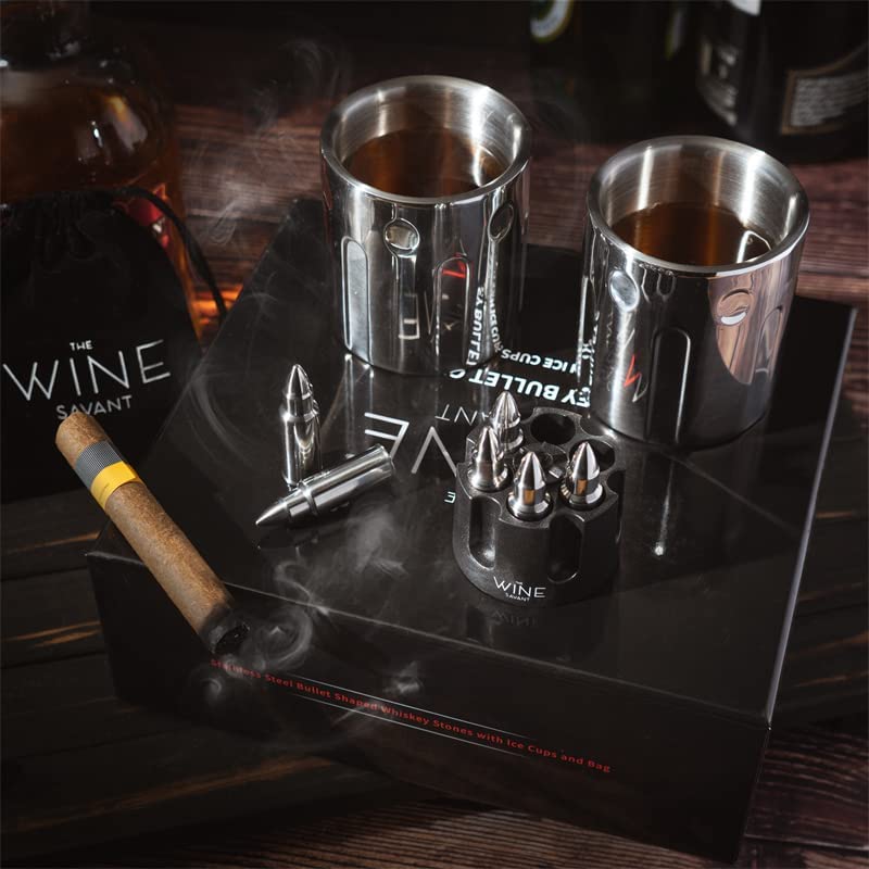 2 Metal Ice Cups & Bullet Chillers by The Wine Savant - Whiskey Stones Bullets Stainless Steel with Revolver Case, 1.75in Bullet Chillers Set of 6, Whiskey Gift Sets, Military Gifts, Veteran Gifts