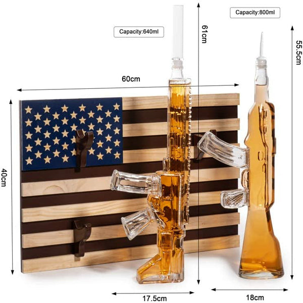 2 Gun Whiskey Decanters Set AR15 and AK47 Gun Decanter 1000ml American Flag Wall Rack by The Wine Savant - Veteran Gifts, Gun Lover Gifts, Tik Tok Gun Decanter, Military Gifts