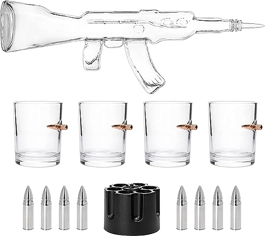 Whiskey Decanter Flag Set - 1000ml AK47 Rifle Gun, Glasses & Chillers Set in Box - Hanging Storage American Flag Gift Box With Silver Metal Flag, Great Gift Army, Navy, Marines, Veterans