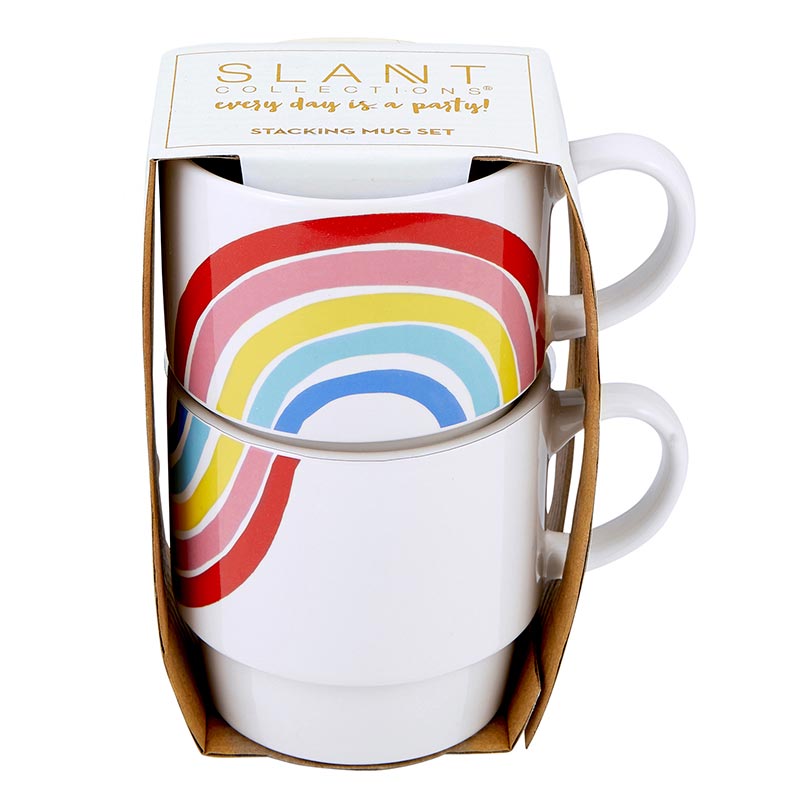 70s Rainbow Stacking Mug Set of 2 | Vintage Style GIftable 14 oz Mugs in Painted Ceramic