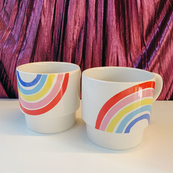 70s Rainbow Stacking Mug Set of 2 | Vintage Style GIftable 14 oz Mugs in Painted Ceramic