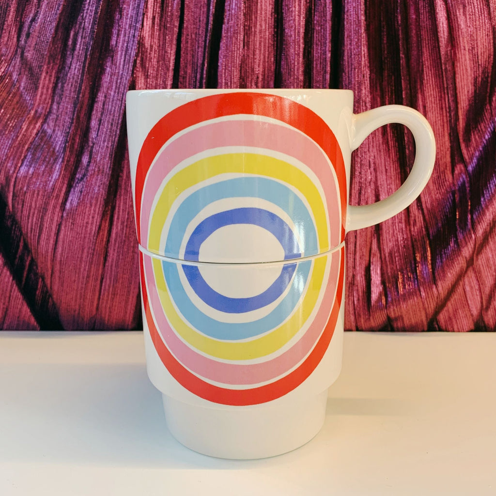 70s Rainbow Stacking Mug Set of 2 | Vintage Style GIftable 14 oz Mugs in Painted Ceramic