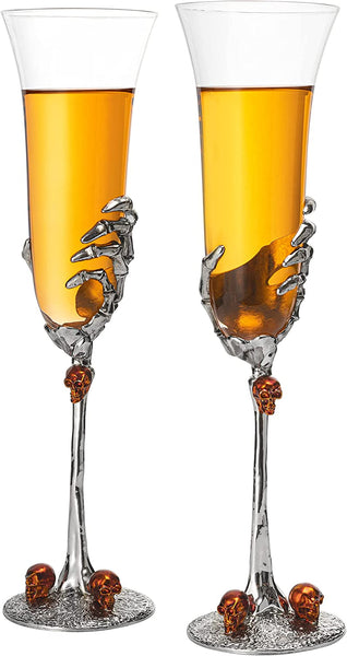 Stemmed Skeleton Champagne Glasses Set of 2 by The Wine Savant - 7oz Skeleton Glasses 9" H, Goth Gifts, Skeleton Gifts, Skeleton Decor, Spooky Champagne Gift Set, Unique Champagne Glasses, Perfect for Halloween Themed Parties!