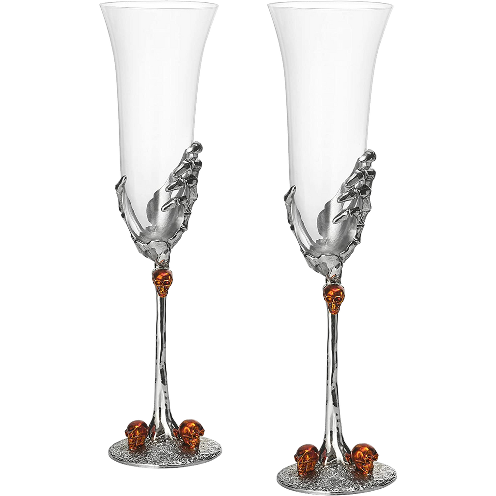 Stemmed Skeleton Champagne Glasses Set of 2 by The Wine Savant - 7oz Skeleton Glasses 9" H, Goth Gifts, Skeleton Gifts, Skeleton Decor, Spooky Champagne Gift Set, Unique Champagne Glasses, Perfect for Halloween Themed Parties!