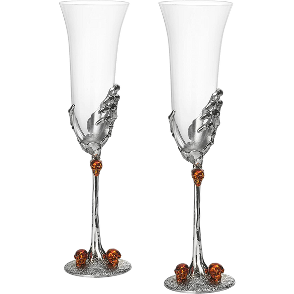 Stemmed Skeleton Champagne Glasses Set of 2 by The Wine Savant - 7oz Skeleton Glasses 9" H, Goth Gifts, Skeleton Gifts, Skeleton Decor, Spooky Champagne Gift Set, Unique Champagne Glasses, Perfect for Halloween Themed Parties!