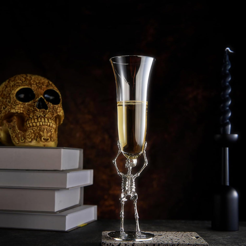 Skeleton Champagne Flute Glass | Single | 7.5oz Halloween Skeleton Glasses 10" H, Goth Gifts, Skeleton Gifts, Skeleton Decor, Spooky Wine Gift Set, Perfect for Halloween Themed Parties