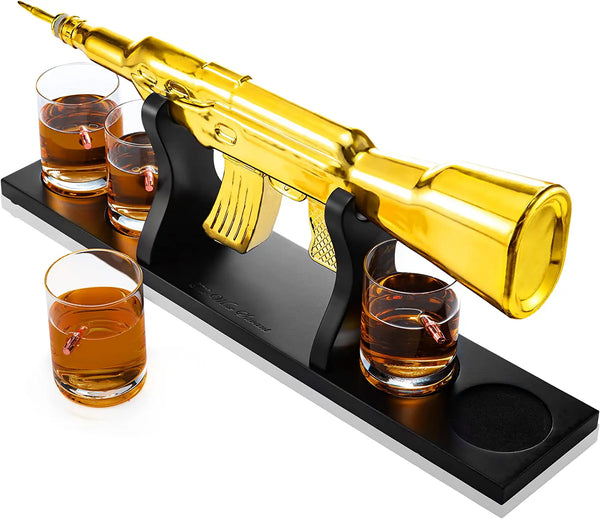 AK Gold Whiskey Decanter Set With 4 Bullet Whiskey Glasses - The Wine Savant, Gift For Fathers, Uncles, Sons - Veteran Gifts, Military Gift, Home Bar Gift, Father's Day