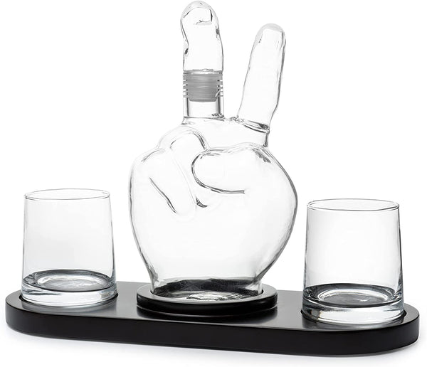 Peace Sign Wine and Whiskey Decanter 750ml With 2 10oz Glasses by The Wine Savant 9" H 14" L - Peace Sign Decanter, World Peace Gifts, Peace Sign Gifts, Peace Sign Glass Figurine, Perfect For Parties