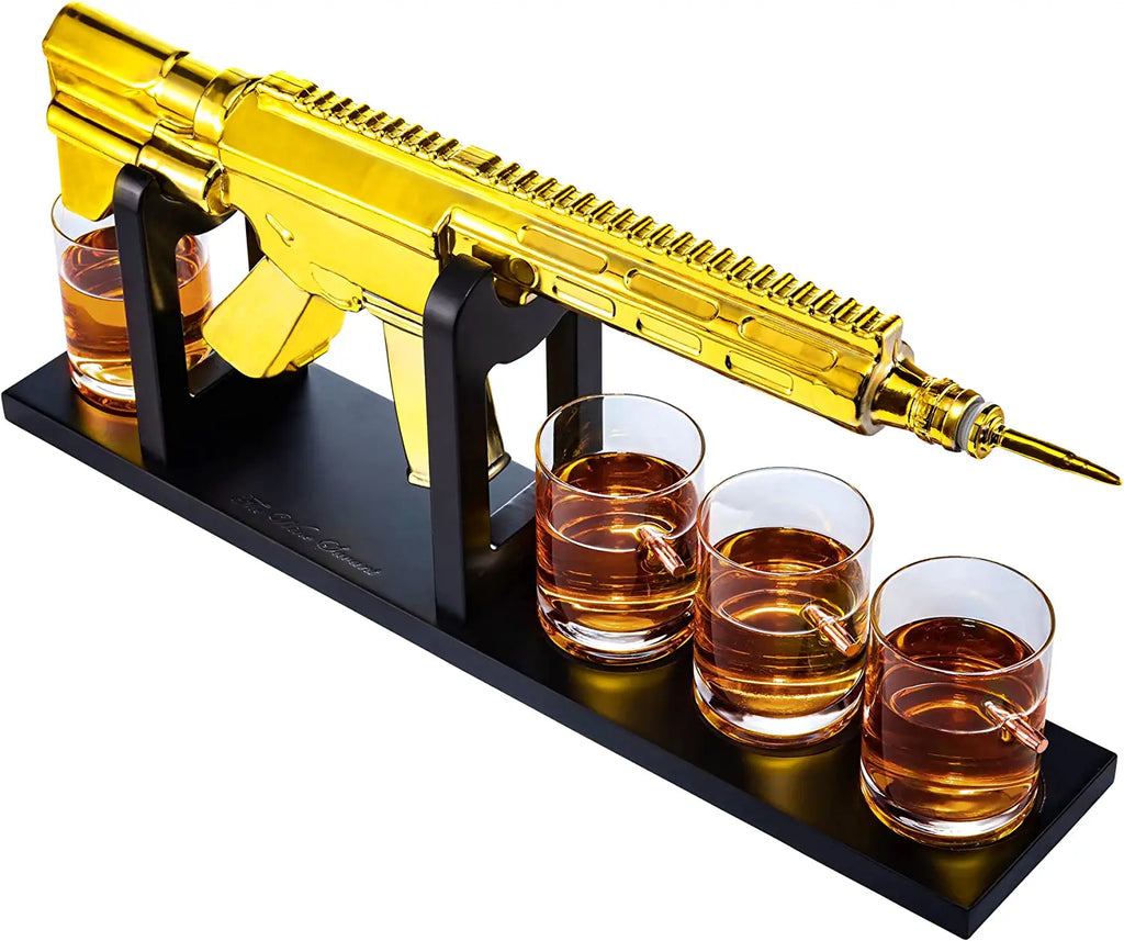 AR15 Gold Whiskey Decanter Set with 4 Bullet Whiskey Glasses - The Wine Savant, Gift for Fathers, Uncles, Sons - Veteran Gifts, Military Gift, Home Bar Gift, Father's Day