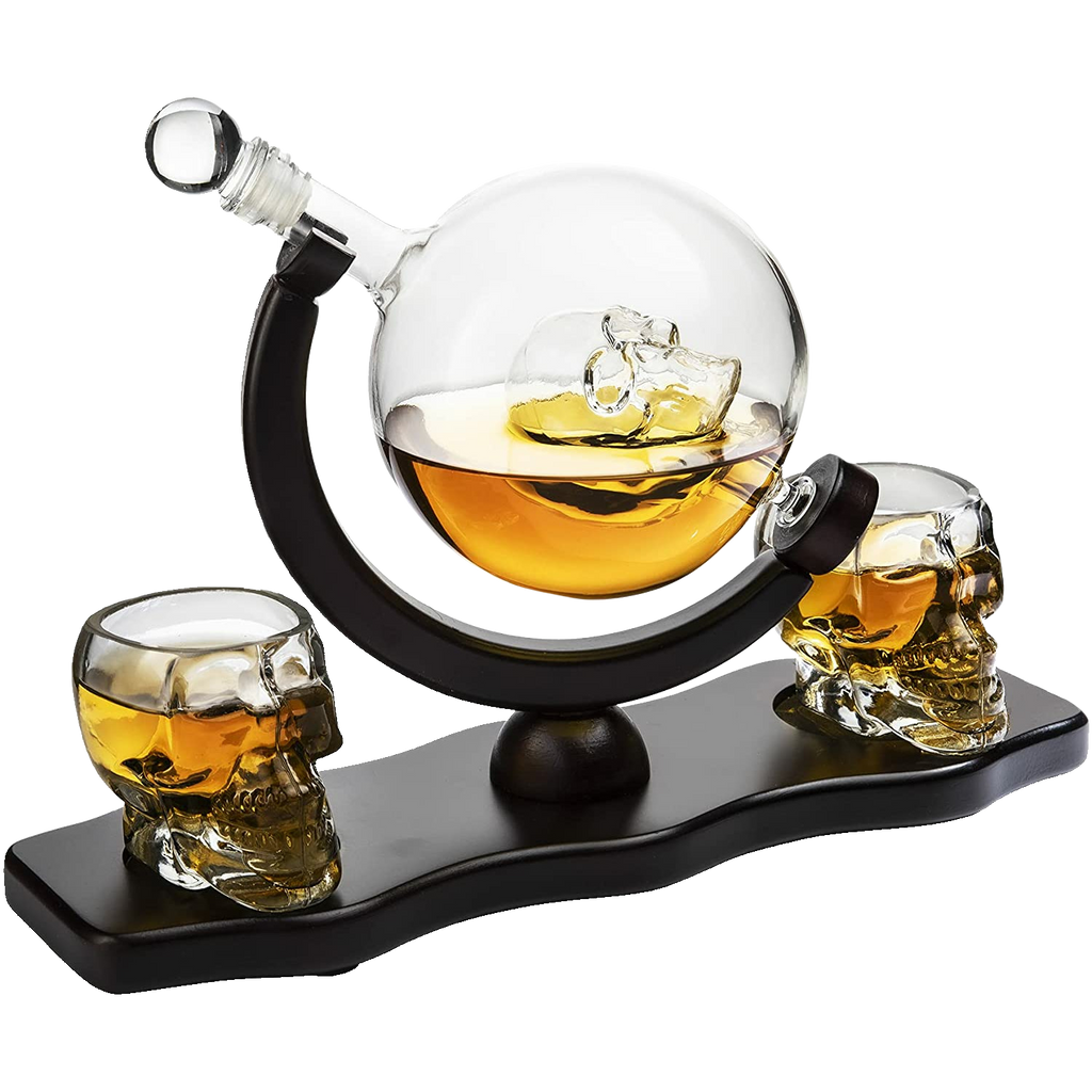 Skull Decanter Set With 2 Skull Shot Glasses - by The Wine Savant - and Beautiful Wooden Base - By Use Skull Head Cup For A Whiskey and Vodka Shot Glass, 850ml Decanter 3 Ounces Shot Glass