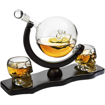 Skull Decanter Set With 2 Skull Shot Glasses - by The Wine Savant - and Beautiful Wooden Base - By Use Skull Head Cup For A Whiskey and Vodka Shot Glass, 850ml Decanter 3 Ounces Shot Glass