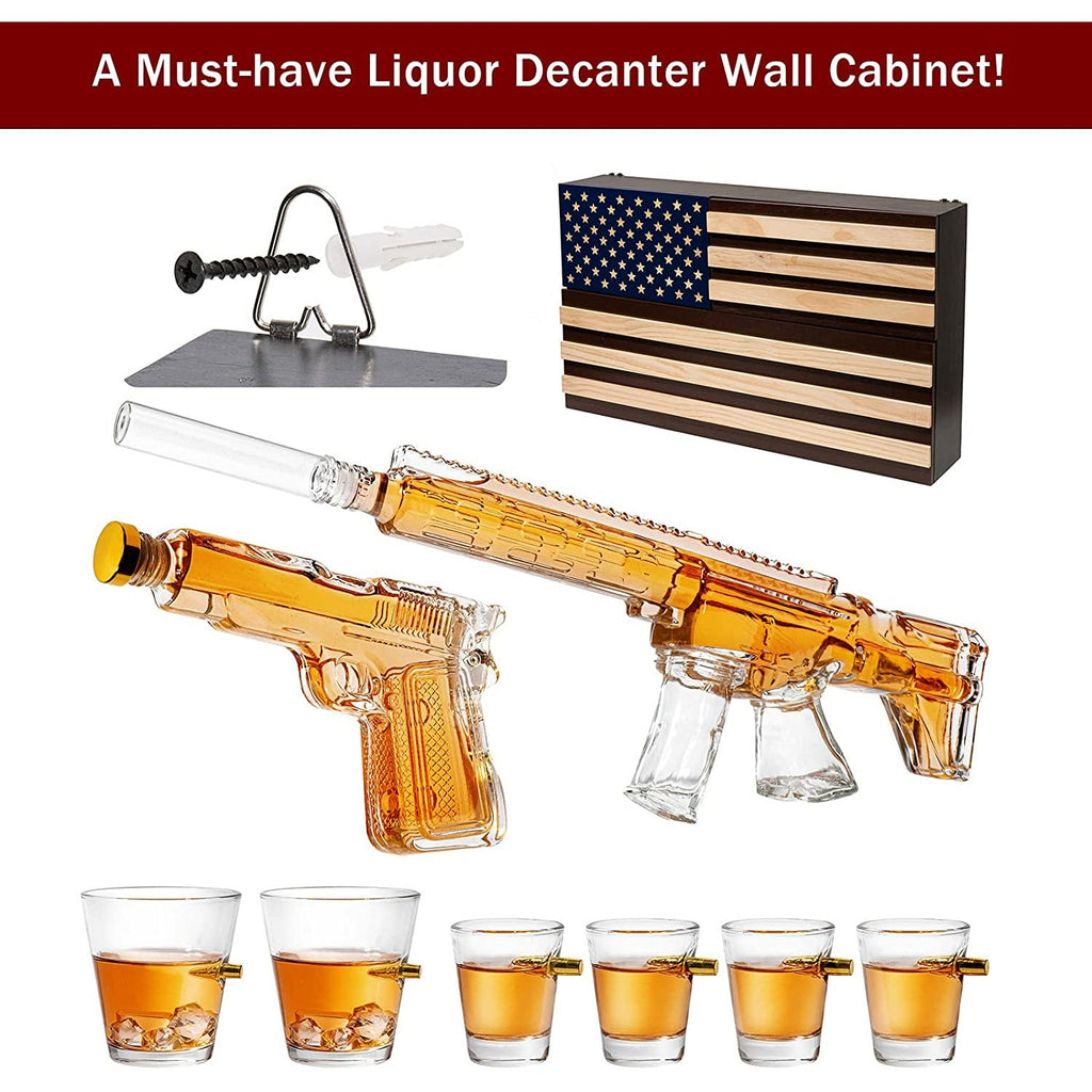 AR15 Whiskey Gun Decanter Flag Set - 1000ml Rifle & Pistol Set - Hanging Storage American Flag Gift Box & Bullet Glasses & Shot Glass, Great Gift for Army, Navy, Marines, Veterans & Gun Enthusiasts