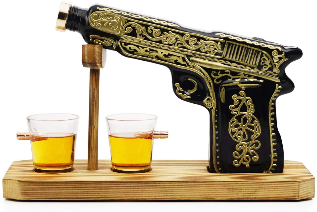 Hand Painted Pistol Whiskey & Wine Decanter by The Wine Savant - Pistol Whiskey Gun Decanter & 2 Bullet Shot Glasses - Military Gifts, Veteran Gifts, Law Enforcement Gifts, Home Bar Gifts, Drinking