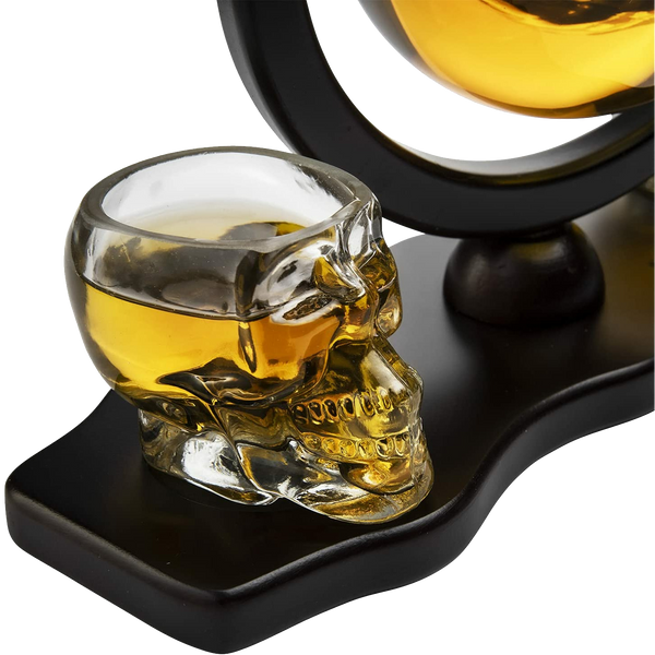 Skull Decanter Set With 2 Skull Shot Glasses - by The Wine Savant - and Beautiful Wooden Base - By Use Skull Head Cup For A Whiskey and Vodka Shot Glass, 850ml Decanter 3 Ounces Shot Glass