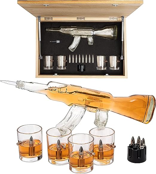 Whiskey Decanter Flag Set - 1000ml AK47 Rifle Gun, Glasses & Chillers Set in Box - Hanging Storage American Flag Gift Box With Silver Metal Flag, Great Gift Army, Navy, Marines, Veterans