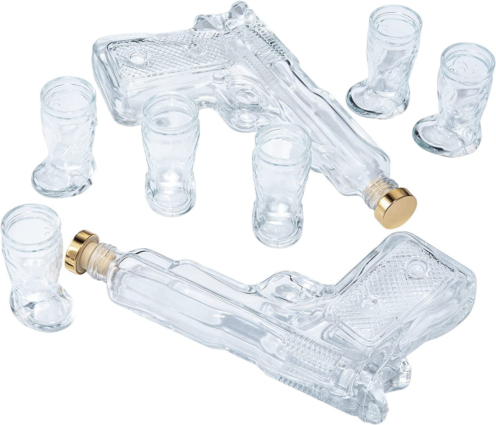 Pistol & Shotglasses Decanter Party Serving Holster Set - Whiskey Gun Decanter & Shot Glass - Pourers & Stopper - 2x 7.7oz Decanters - 6x 2oz Cowboy Boot Shots - Unique Gifts