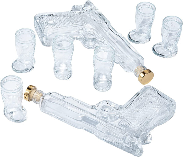 Pistol & Shotglasses Decanter Party Serving Holster Set - Whiskey Gun Decanter & Shot Glass - Pourers & Stopper - 2x 7.7oz Decanters - 6x 2oz Cowboy Boot Shots - Unique Gifts