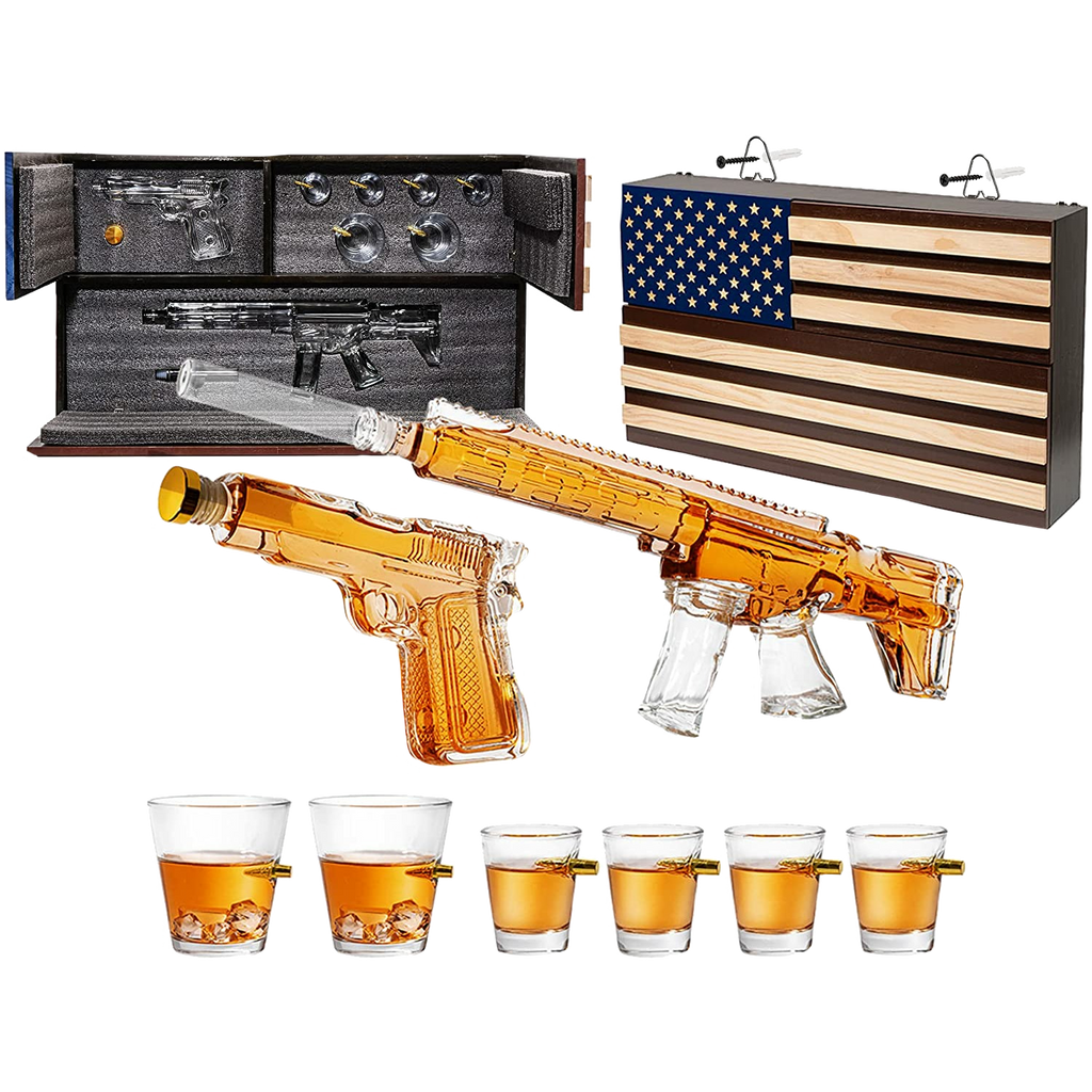 AR15 Whiskey Gun Decanter Flag Set - 1000ml Rifle & Pistol Set - Hanging Storage American Flag Gift Box & Bullet Glasses & Shot Glass, Great Gift for Army, Navy, Marines, Veterans & Gun Enthusiasts