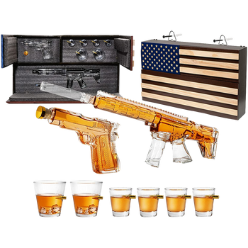 AR15 Whiskey Gun Decanter Flag Set - 1000ml Rifle & Pistol Set - Hanging Storage American Flag Gift Box & Bullet Glasses & Shot Glass, Great Gift for Army, Navy, Marines, Veterans & Gun Enthusiasts