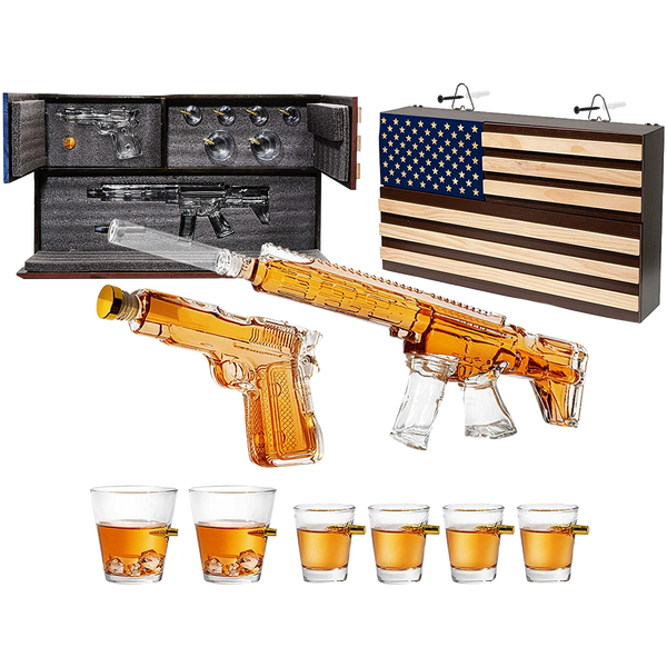 AR15 Whiskey Gun Decanter Flag Set - 1000ml Rifle & Pistol Set - Hanging Storage American Flag Gift Box & Bullet Glasses & Shot Glass, Great Gift for Army, Navy, Marines, Veterans & Gun Enthusiasts