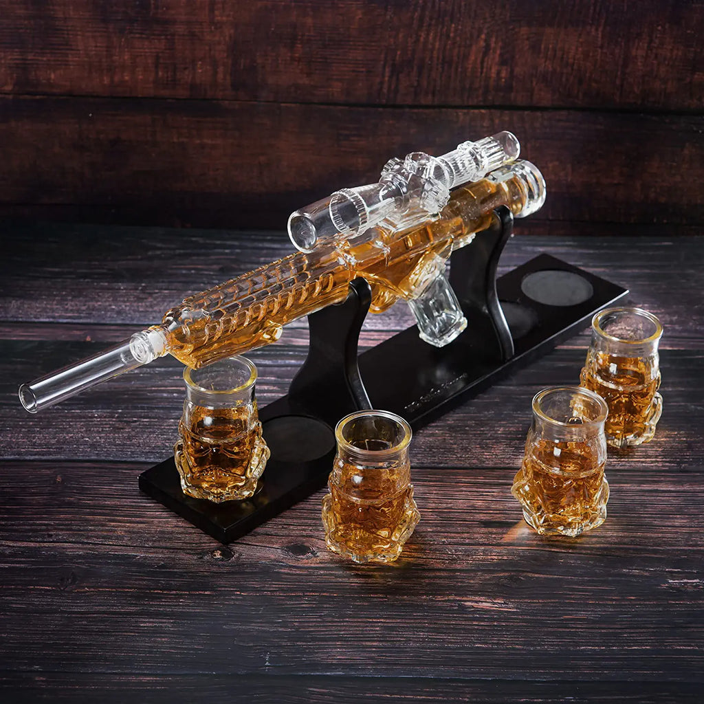 Blaster Force Gun Whiskey & Wine Decanter Set Glasses - Energized Particle Weaponry Elegant Decanter 24" - 4 Shot Glasses & Mahogany Wooden Base The Wine Savant (20 OZ) Gifts for Dad