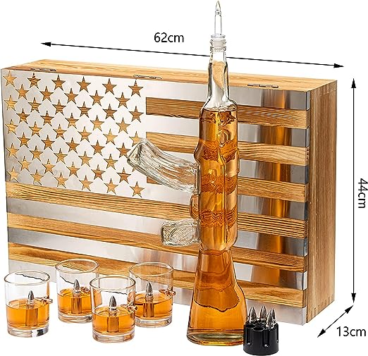 Whiskey Decanter Flag Set - 1000ml AK47 Rifle Gun, Glasses & Chillers Set in Box - Hanging Storage American Flag Gift Box With Silver Metal Flag, Great Gift Army, Navy, Marines, Veterans