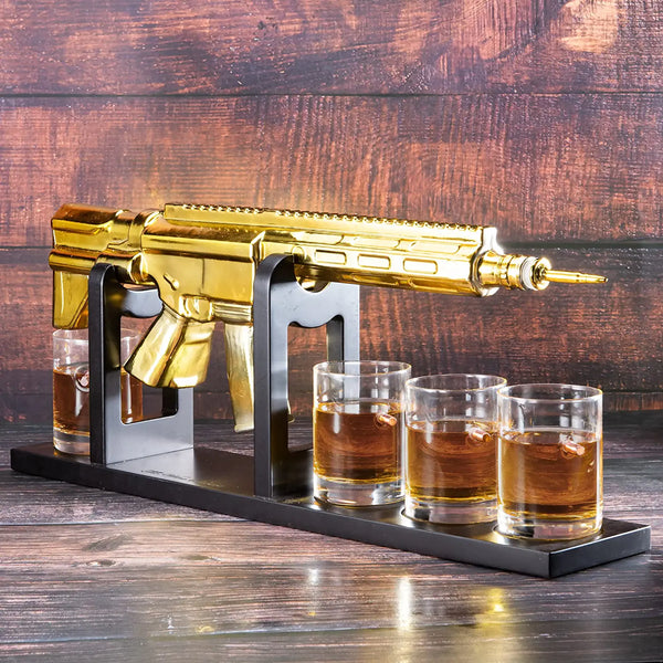 AR15 Gold Whiskey Decanter Set with 4 Bullet Whiskey Glasses - The Wine Savant, Gift for Fathers, Uncles, Sons - Veteran Gifts, Military Gift, Home Bar Gift, Father's Day