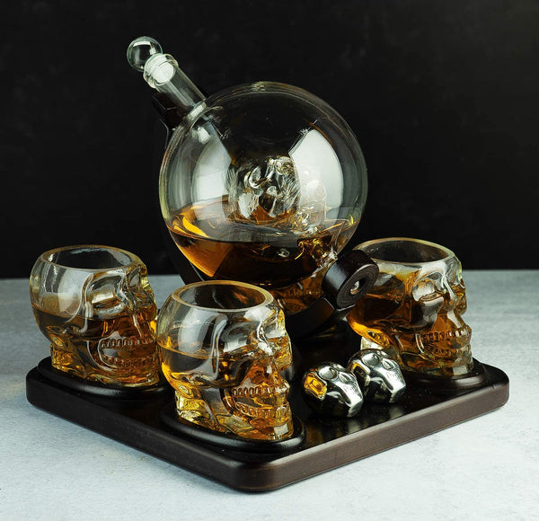 Skull Skeleton Wine & Whiskey Globe Decanter Set 850 mL With 4 Skull Head 3oz Skeletons Shot Glasses And Skull Chillers Wooden Base Decor Glass Goth Spooky Drinking Glassware The Wine Savant