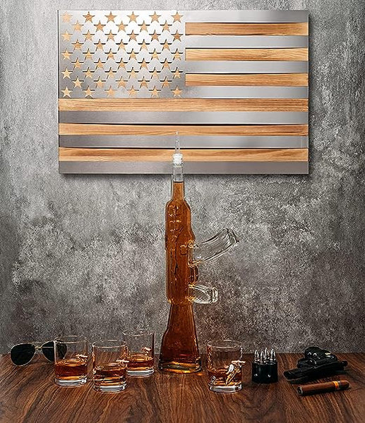 Whiskey Decanter Flag Set - 1000ml AK47 Rifle Gun, Glasses & Chillers Set in Box - Hanging Storage American Flag Gift Box With Silver Metal Flag, Great Gift Army, Navy, Marines, Veterans